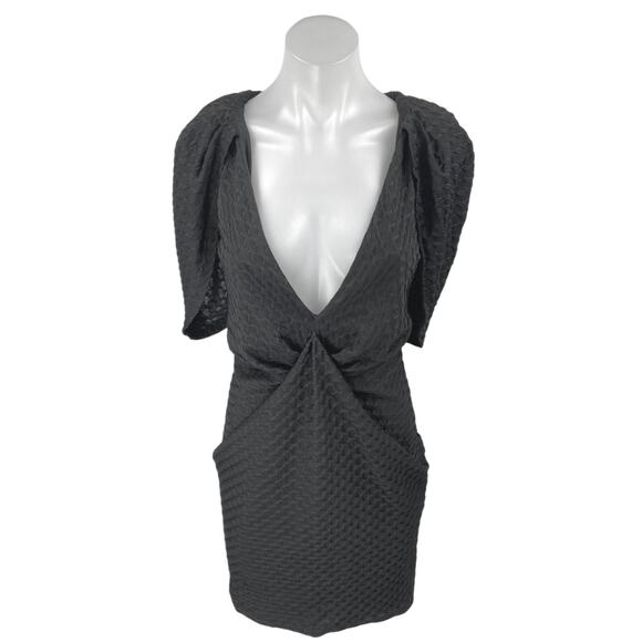 Asos Black Textured Cape Short Sleeve Plunging V Cutout Mini Sheath Dress Size 6 - Picture 1 of 5